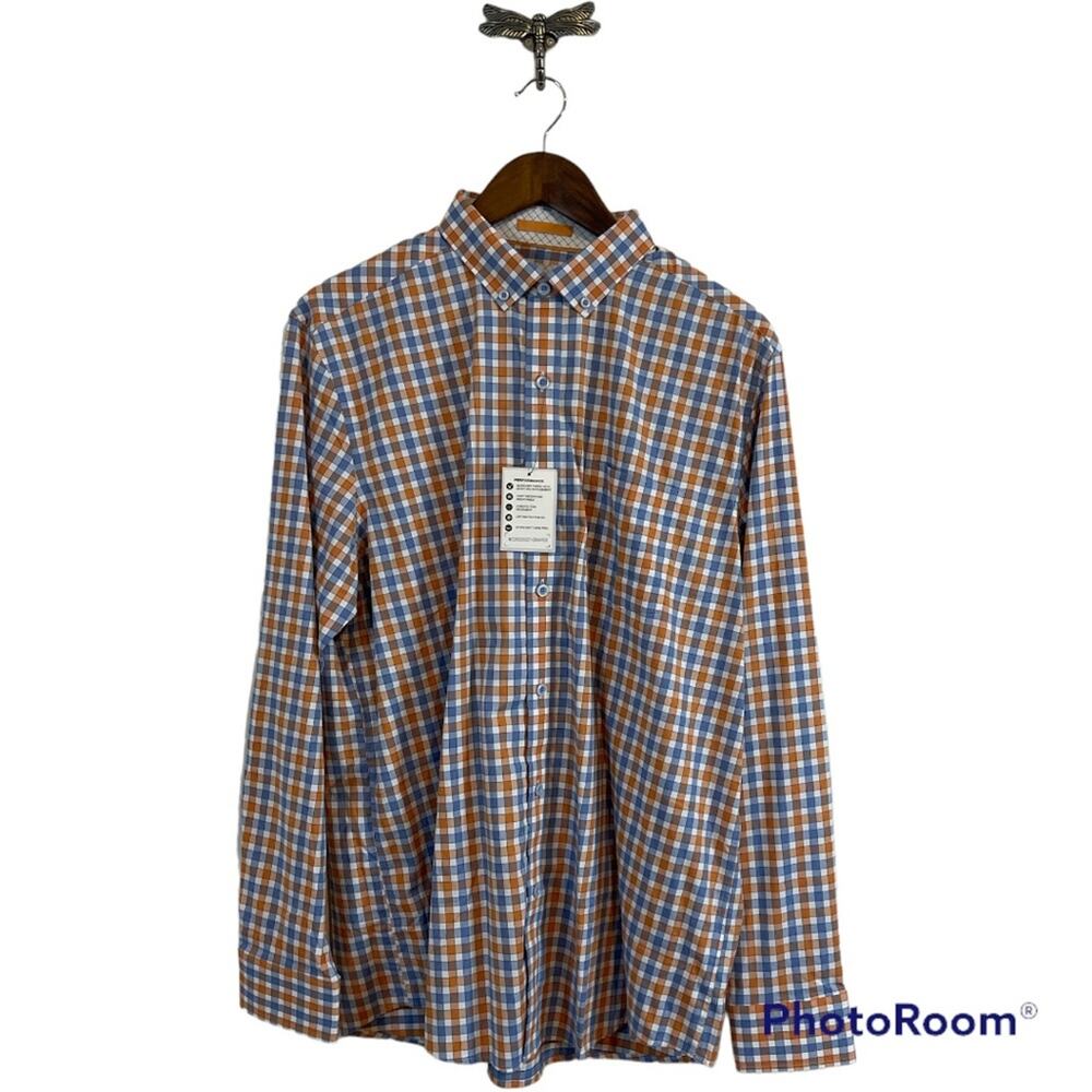 Nicoby Orange and Blue Check Print Long Sleeve Button Down Men's Size Large NWT